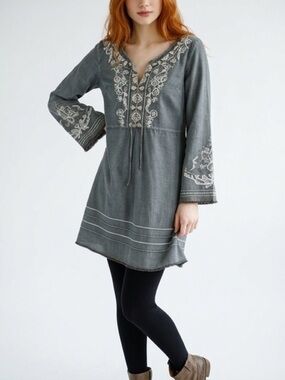 Monoreno Women's Gray Boho Embroidered Dress Sz S